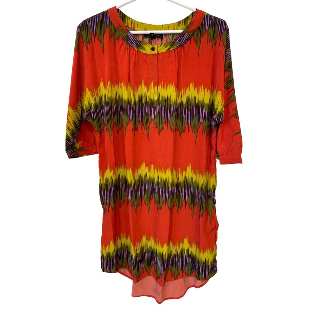 Glam Ikat Print Tunic Mini Dress Size Small 3/4 Sleeve Multicolor Eclectic Artsy